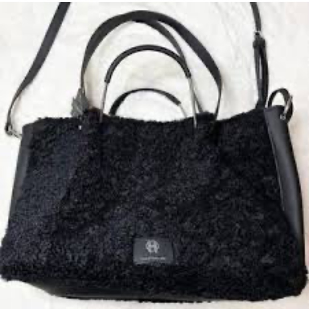 House of Harlow 1960 - Black Furry Sherpa / Vegan Leather‎ Tote Bag-